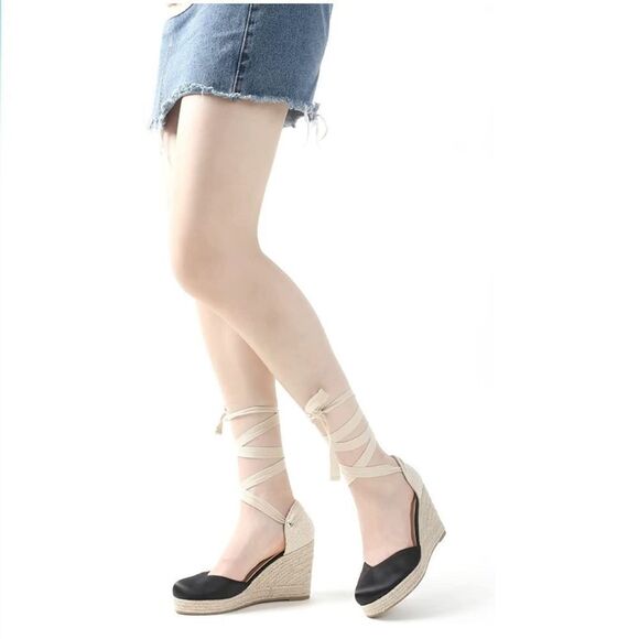 Samilor Wedge Sandals for Women Closed Toe Lace Up Espadrille - Picture 2 of 7